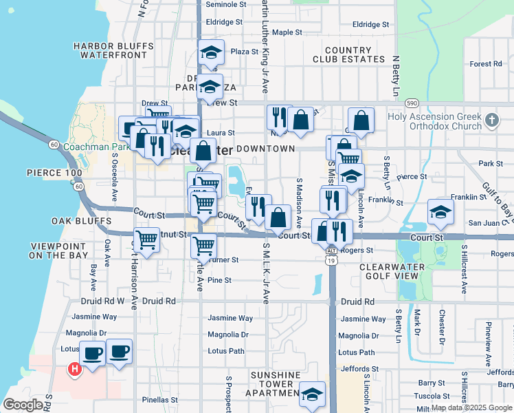 map of restaurants, bars, coffee shops, grocery stores, and more near 380 South Martin Luther King Junior Avenue in Clearwater