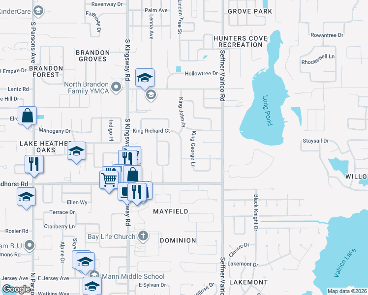 map of restaurants, bars, coffee shops, grocery stores, and more near 3410 King Richard Court in Seffner