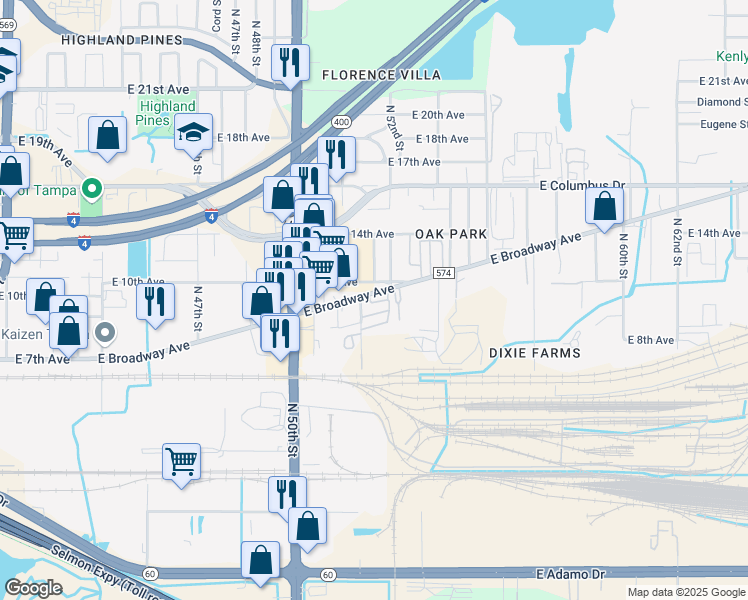 map of restaurants, bars, coffee shops, grocery stores, and more near 5123 East Broadway Avenue in Tampa