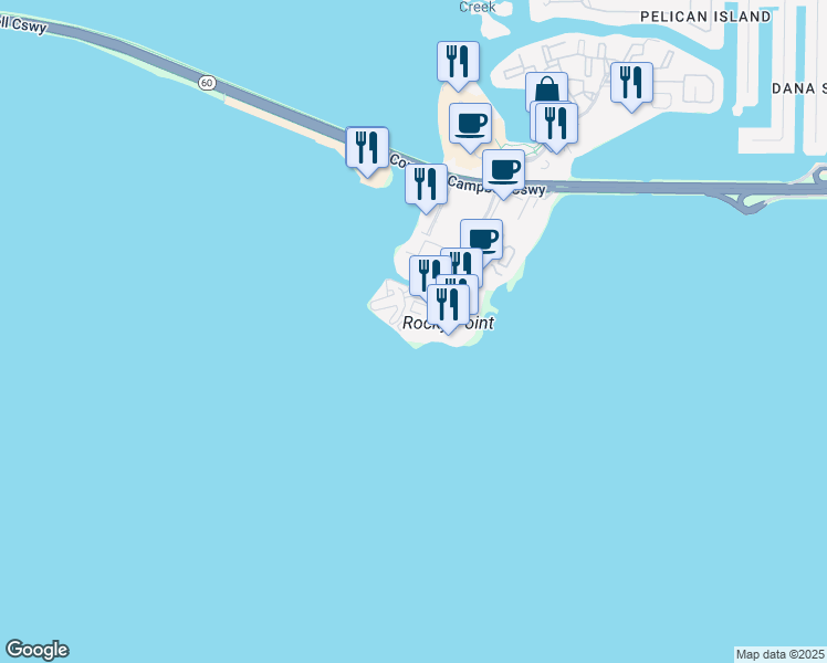 map of restaurants, bars, coffee shops, grocery stores, and more near 2502 North Rocky Point Drive in Tampa