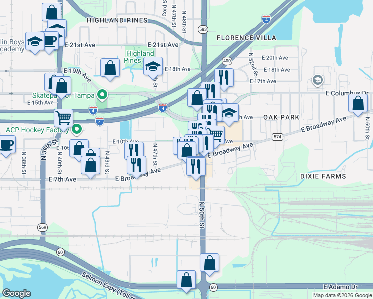 map of restaurants, bars, coffee shops, grocery stores, and more near 2016 North 50th Street in Tampa