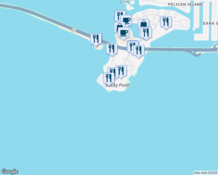 map of restaurants, bars, coffee shops, grocery stores, and more near 2525 North Rocky Point Drive in Tampa