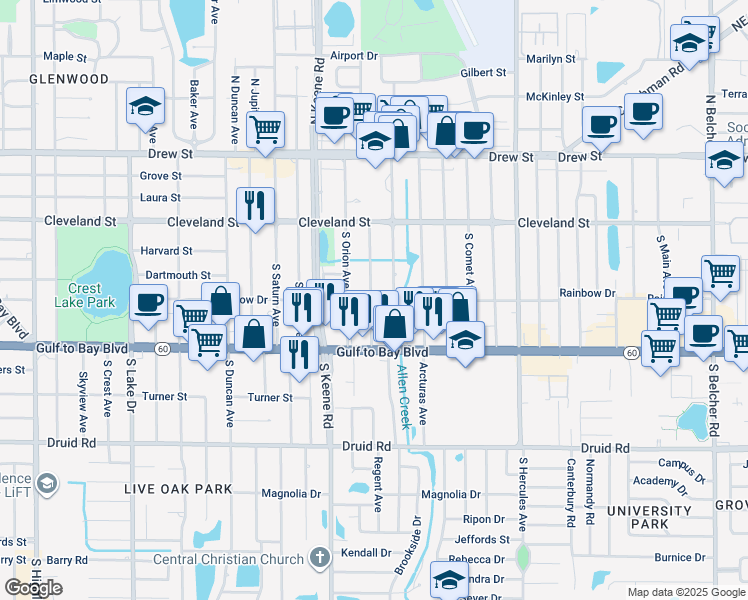 map of restaurants, bars, coffee shops, grocery stores, and more near 210 South Pegasus Avenue in Clearwater