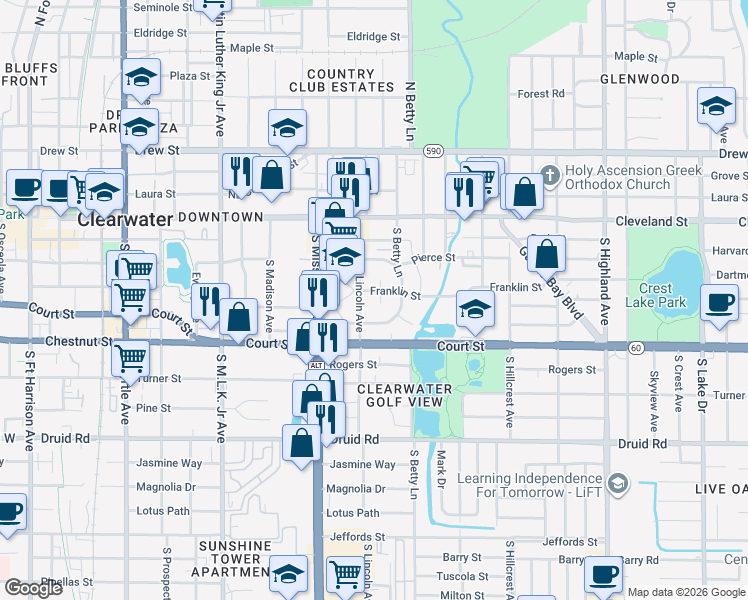 map of restaurants, bars, coffee shops, grocery stores, and more near 214 Avanda Court in Clearwater