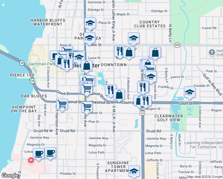 map of restaurants, bars, coffee shops, grocery stores, and more near 211 Ewing Avenue in Clearwater