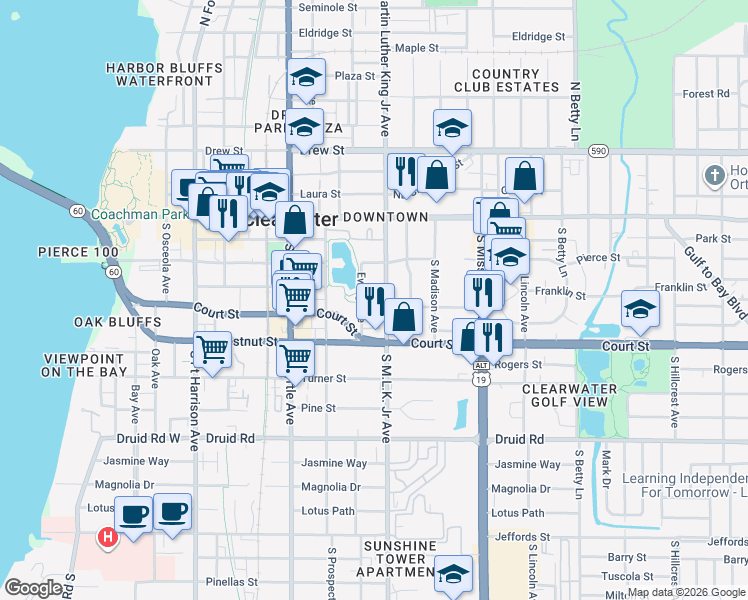 map of restaurants, bars, coffee shops, grocery stores, and more near 211 Ewing Avenue in Clearwater