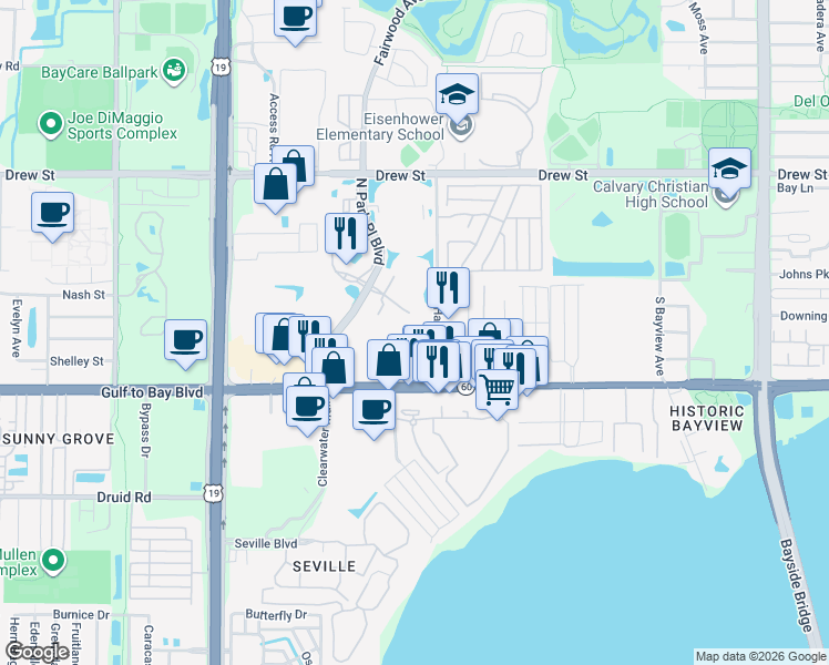 map of restaurants, bars, coffee shops, grocery stores, and more near 106 Hampton Road in Clearwater