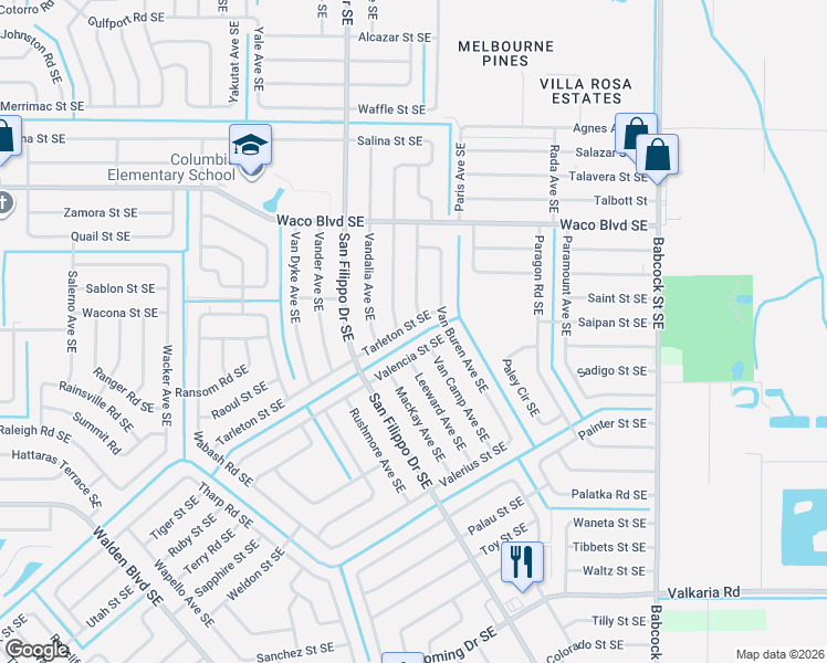 map of restaurants, bars, coffee shops, grocery stores, and more near 1379 Vancouver Avenue Southeast in Palm Bay
