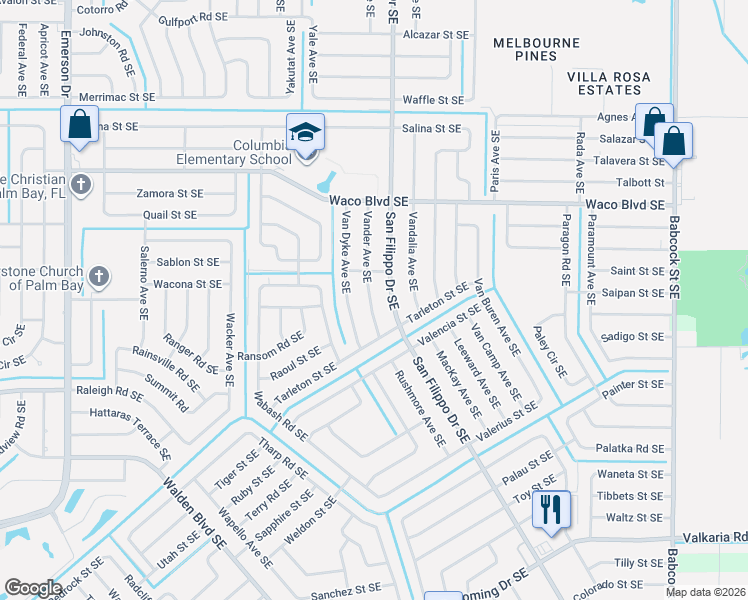 map of restaurants, bars, coffee shops, grocery stores, and more near 1421 Vander Avenue Southeast in Palm Bay