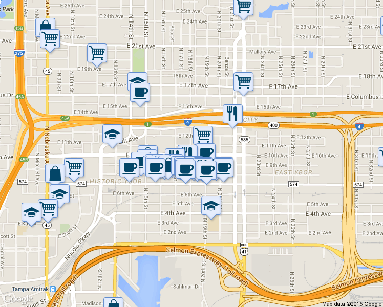 map of restaurants, bars, coffee shops, grocery stores, and more near 2200 North 19th Street in Tampa
