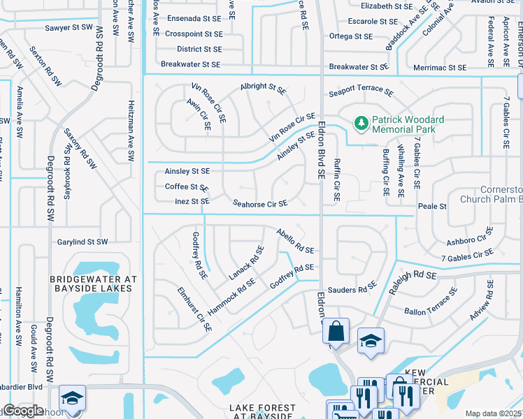 map of restaurants, bars, coffee shops, grocery stores, and more near 310 Seahorse Circle Southeast in Palm Bay