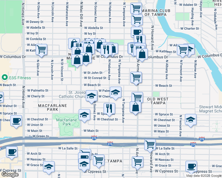 map of restaurants, bars, coffee shops, grocery stores, and more near 2918 West Beach Street in Tampa