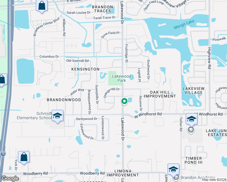 map of restaurants, bars, coffee shops, grocery stores, and more near 1704 Orange Hill Drive in Brandon
