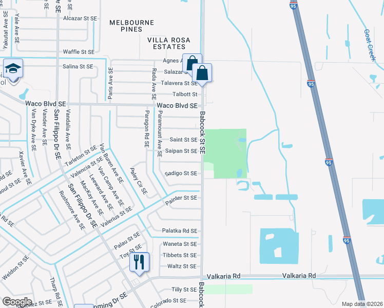 map of restaurants, bars, coffee shops, grocery stores, and more near 1682 Saipan Street Southeast in Palm Bay