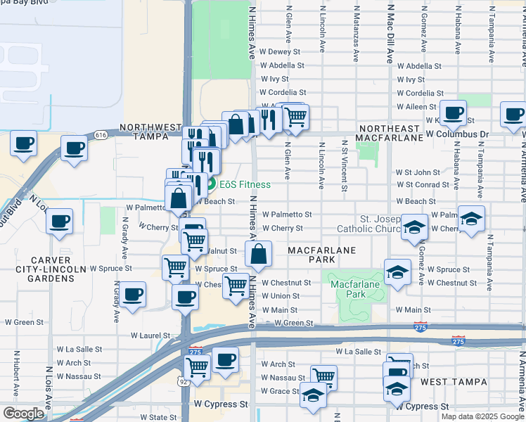 map of restaurants, bars, coffee shops, grocery stores, and more near 2408 North Himes Avenue in Tampa
