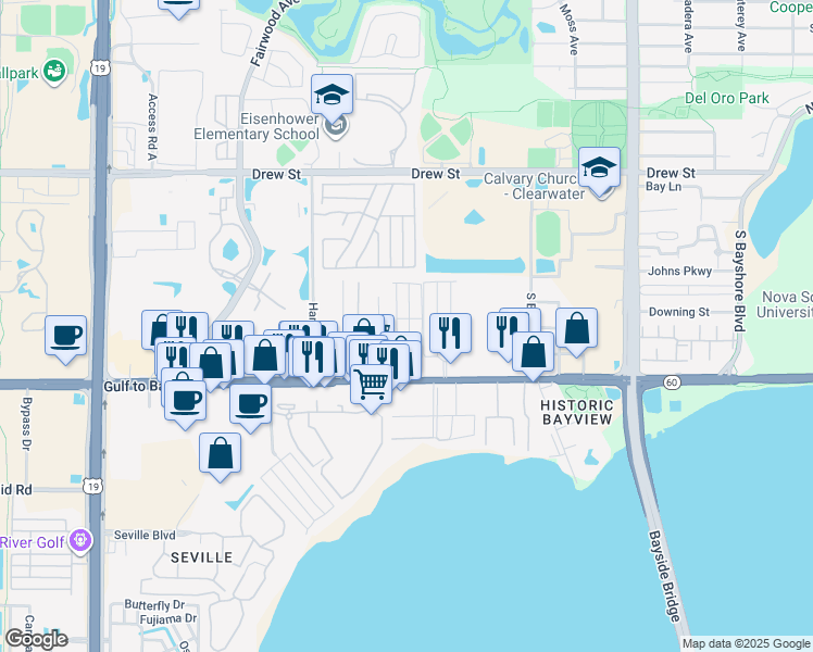 map of restaurants, bars, coffee shops, grocery stores, and more near 2882 Gulf to Bay Boulevard in Clearwater