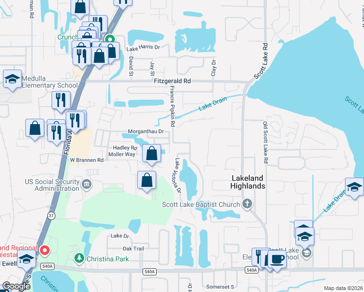 map of restaurants, bars, coffee shops, grocery stores, and more near 633 Victoria Square Lane in Lakeland