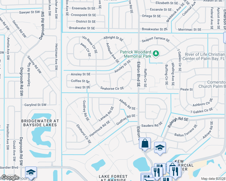 map of restaurants, bars, coffee shops, grocery stores, and more near 351 Seahorse Circle Southeast in Palm Bay