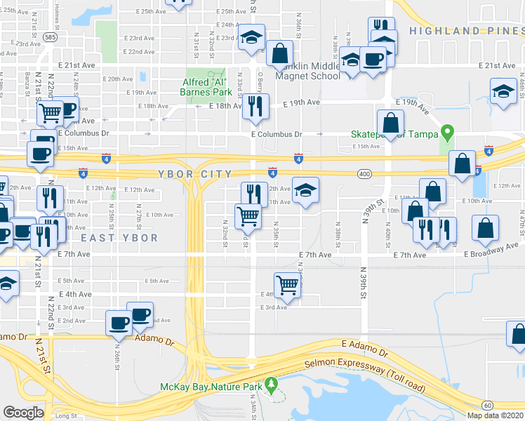 map of restaurants, bars, coffee shops, grocery stores, and more near 3403 East 11th Avenue in Tampa
