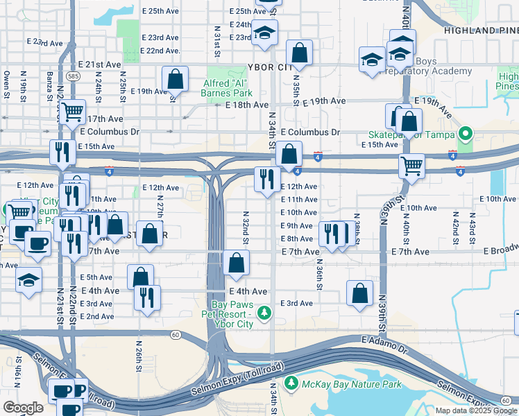 map of restaurants, bars, coffee shops, grocery stores, and more near 3207 East 11th Avenue in Tampa