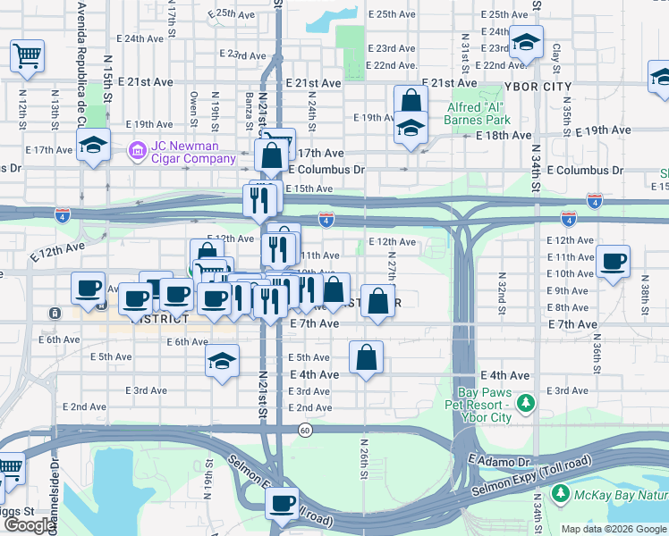 map of restaurants, bars, coffee shops, grocery stores, and more near 2311 East 11th Avenue in Tampa