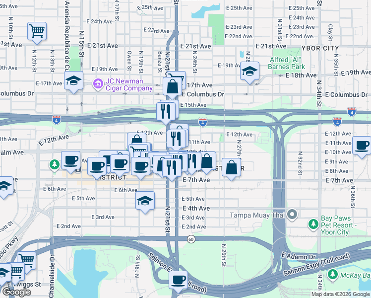 map of restaurants, bars, coffee shops, grocery stores, and more near 2215 East 11th Avenue in Tampa