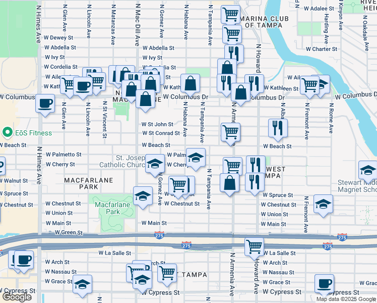 map of restaurants, bars, coffee shops, grocery stores, and more near 2918 West Beach Street in Tampa