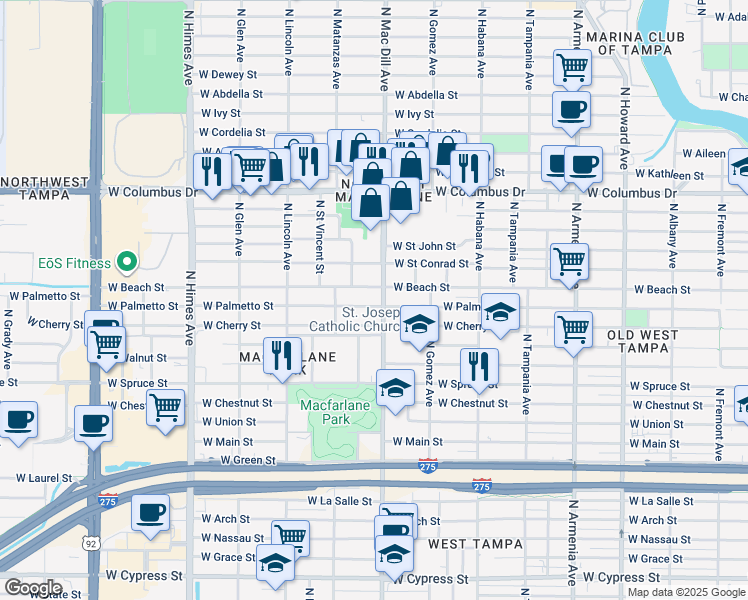 map of restaurants, bars, coffee shops, grocery stores, and more near 3108 West Beach Street in Tampa