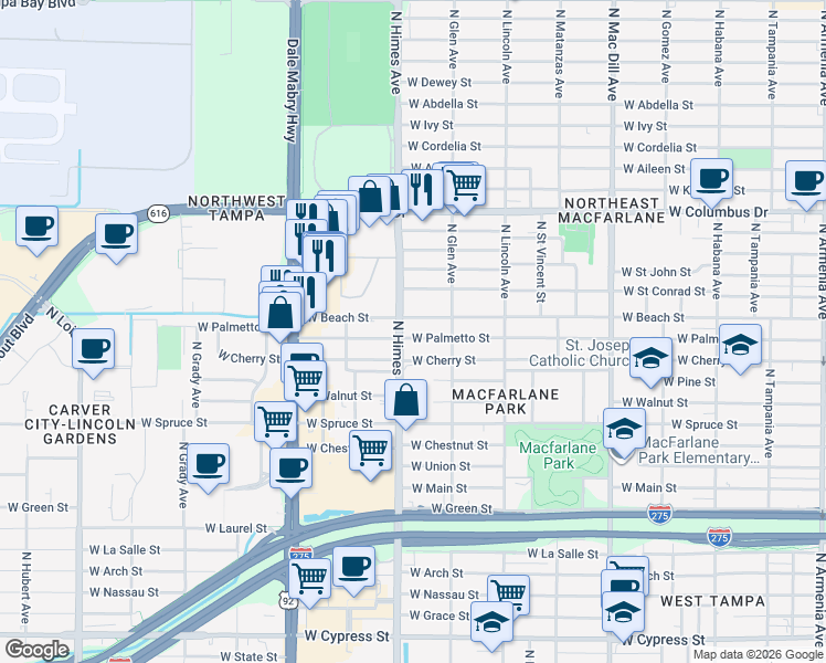 map of restaurants, bars, coffee shops, grocery stores, and more near 2408 North Himes Avenue in Tampa