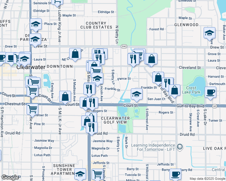 map of restaurants, bars, coffee shops, grocery stores, and more near 224 Waverly Way in Clearwater