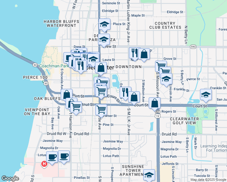 map of restaurants, bars, coffee shops, grocery stores, and more near 211 South Prospect Avenue in Clearwater