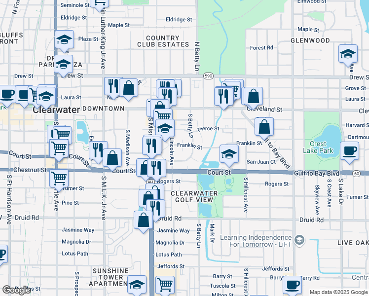map of restaurants, bars, coffee shops, grocery stores, and more near 214 Avanda Court in Clearwater