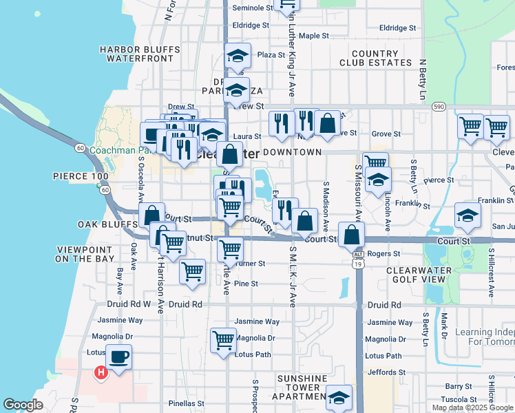 map of restaurants, bars, coffee shops, grocery stores, and more near 211 South Prospect Avenue in Clearwater