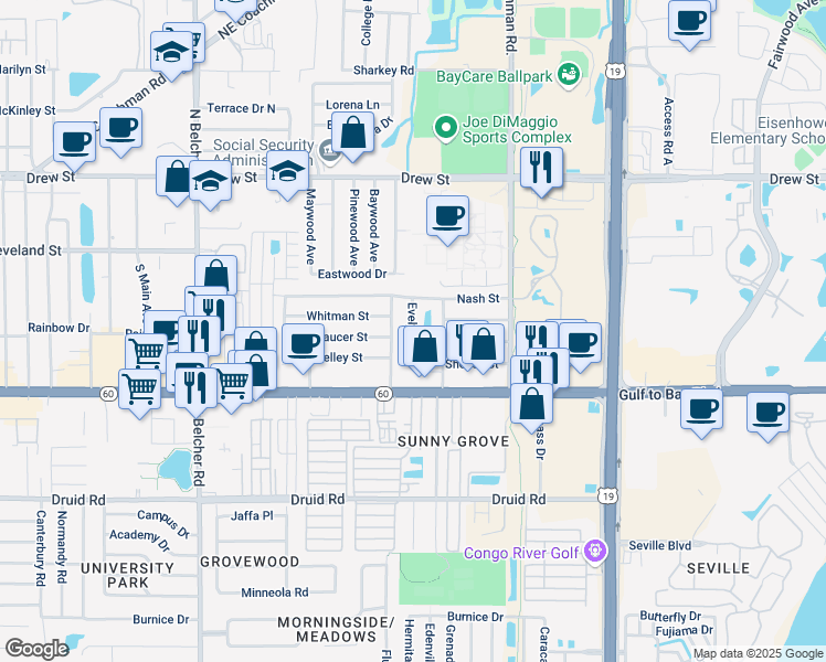 map of restaurants, bars, coffee shops, grocery stores, and more near 201 South Fernwood Avenue in Clearwater