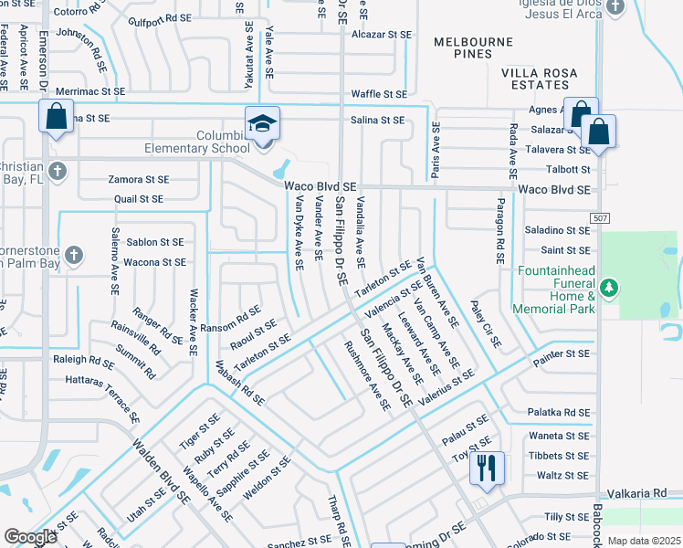 map of restaurants, bars, coffee shops, grocery stores, and more near 765 San Filippo Drive Southeast in Palm Bay