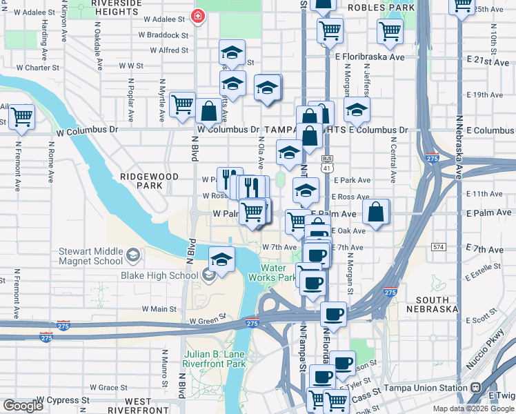 map of restaurants, bars, coffee shops, grocery stores, and more near 400 West Ross Avenue in Tampa