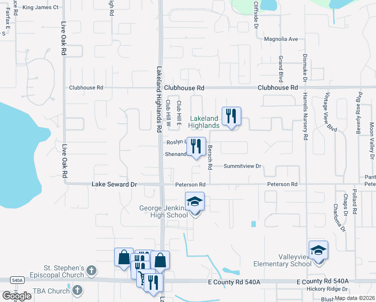 map of restaurants, bars, coffee shops, grocery stores, and more near 2302 Shenandoah Street in Lakeland