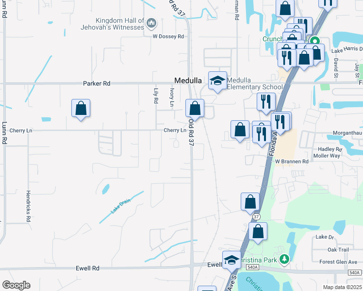 map of restaurants, bars, coffee shops, grocery stores, and more near 5625 Old Road 37 in Lakeland
