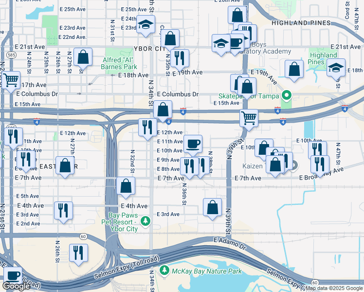 map of restaurants, bars, coffee shops, grocery stores, and more near 3610 East 10th Avenue in Tampa