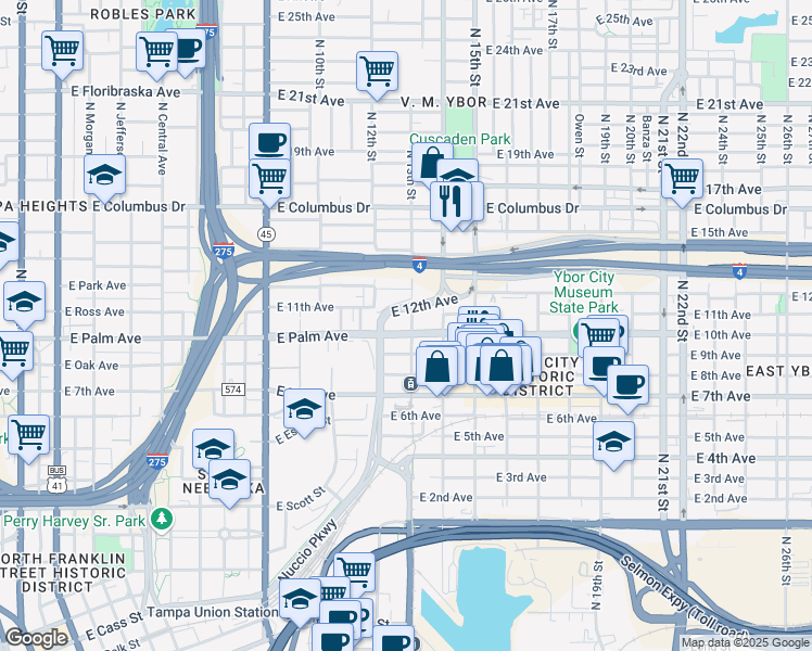 map of restaurants, bars, coffee shops, grocery stores, and more near 1202 East Palm Avenue in Tampa