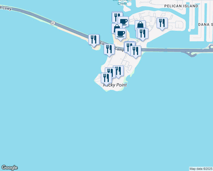 map of restaurants, bars, coffee shops, grocery stores, and more near 2525 North Rocky Point Drive in Tampa