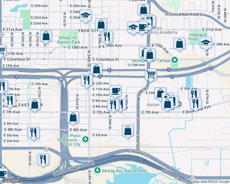 map of restaurants, bars, coffee shops, grocery stores, and more near 3610 East 10th Avenue in Tampa