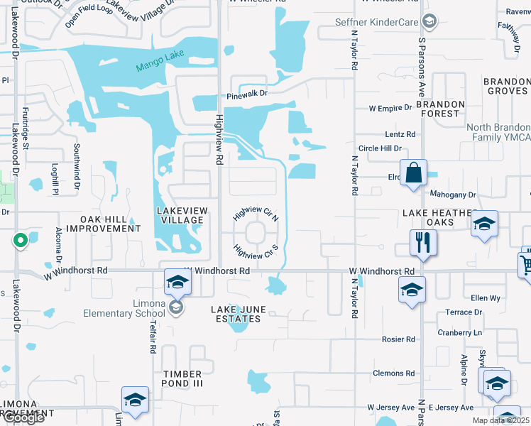 map of restaurants, bars, coffee shops, grocery stores, and more near 511 Highview Circle North in Brandon