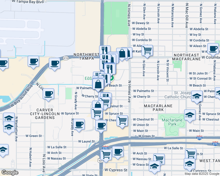 map of restaurants, bars, coffee shops, grocery stores, and more near 3702 West Beach Street in Tampa