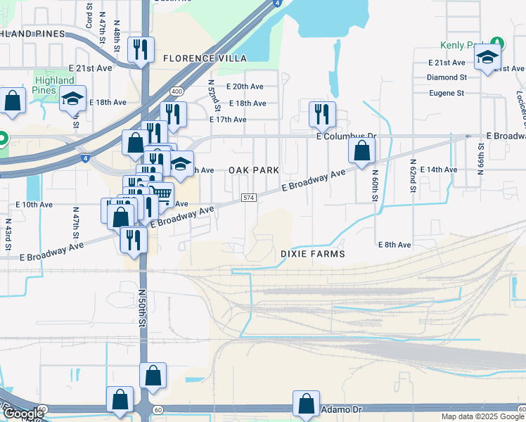 map of restaurants, bars, coffee shops, grocery stores, and more near 5313 East Broadway Avenue in Tampa