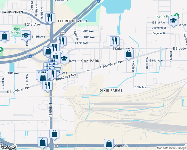 map of restaurants, bars, coffee shops, grocery stores, and more near 5313 East Broadway Avenue in Tampa