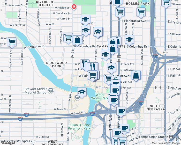 map of restaurants, bars, coffee shops, grocery stores, and more near 400 West Ross Avenue in Tampa