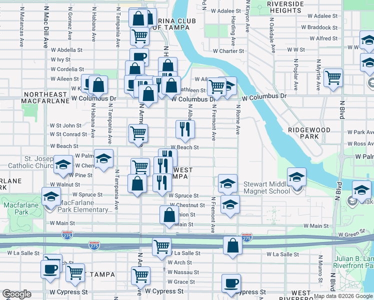 map of restaurants, bars, coffee shops, grocery stores, and more near 2501 North Albany Avenue in Tampa