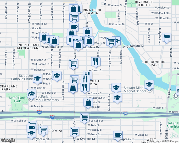 map of restaurants, bars, coffee shops, grocery stores, and more near 2127 West Beach Street in Tampa