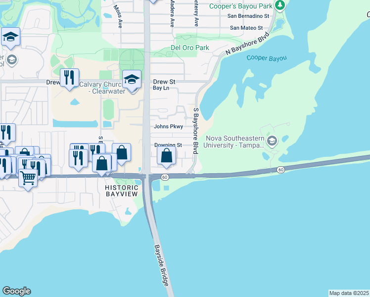 map of restaurants, bars, coffee shops, grocery stores, and more near 3167 Downing Street in Clearwater